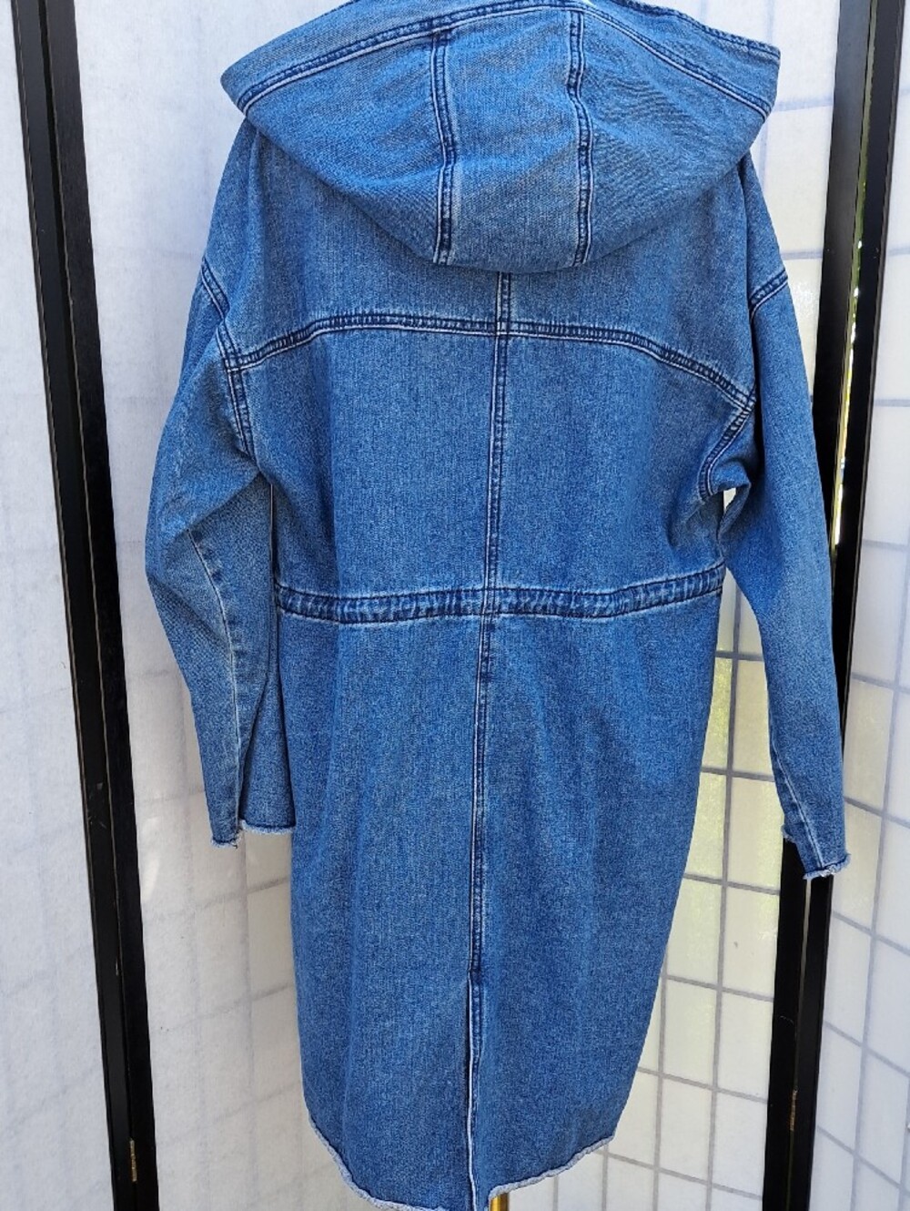 Forever 21 Womens Blue Denim Jean Hooded Long Jacket Size L - Picture 7 of 12